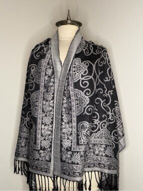 pashmina Black and Silver Paisley Floral Wrap Scarf